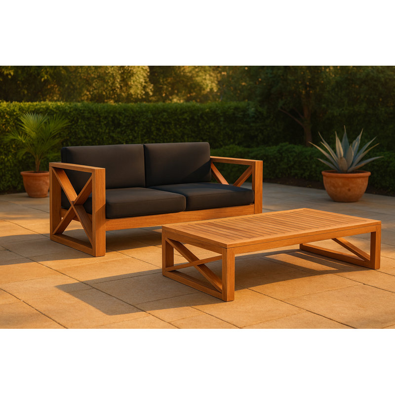 Causeuse de patio rectangulaire avec coussins de 65 po de large Anguilla, Noir, 2