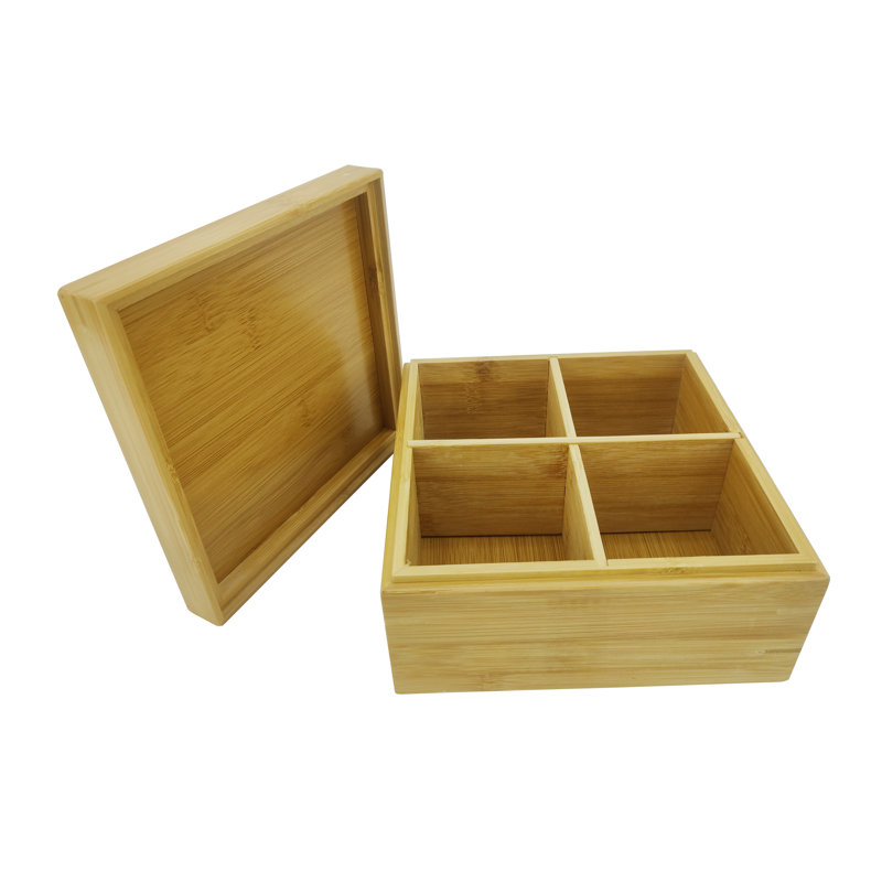Bamboo Box 7" x 7" x 4" with 4 Cell Removable Partition Storage Condiment Tray with Lid