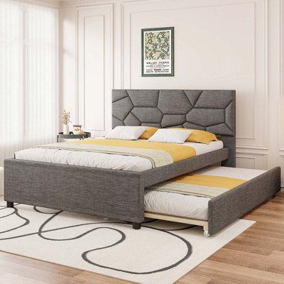 Queen Size Upholstered Platform Bed With Brick Pattern Headboard And Twin XL Size Trundle, Linen Fabric, Gray(OLD SKU: SF000004AAE)