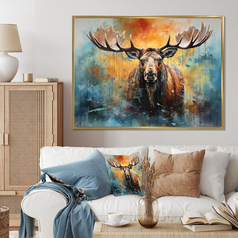 «Colorful Moose Majestic Collage II - Moose», reproduction sur toile encadrée, Cadre flottant doré