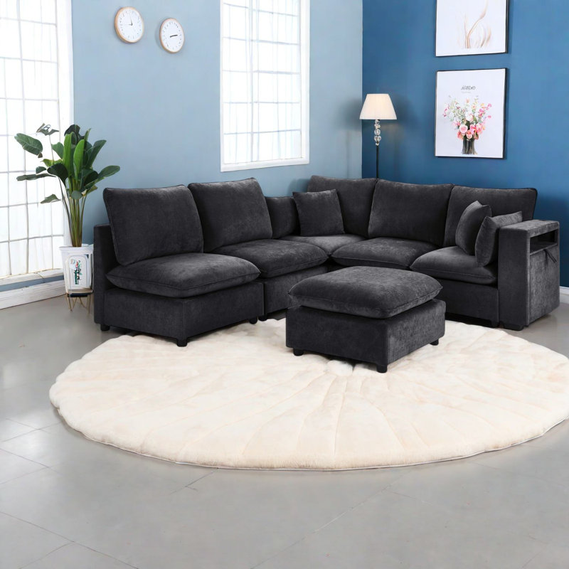 Canapé modulaire en U en chenille noire avec rangement et ports USB, style moderne pour la maison