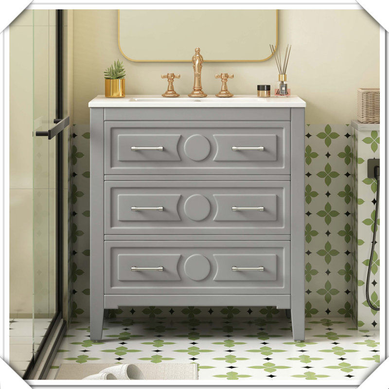 Meuble-lavabo simple autoportant en bois massif avec tiroirs en céramique, Gris