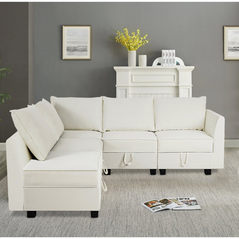 Drashti Convertible Modular Sectional Linen Sofa for Living Room, Apartment, Office, White