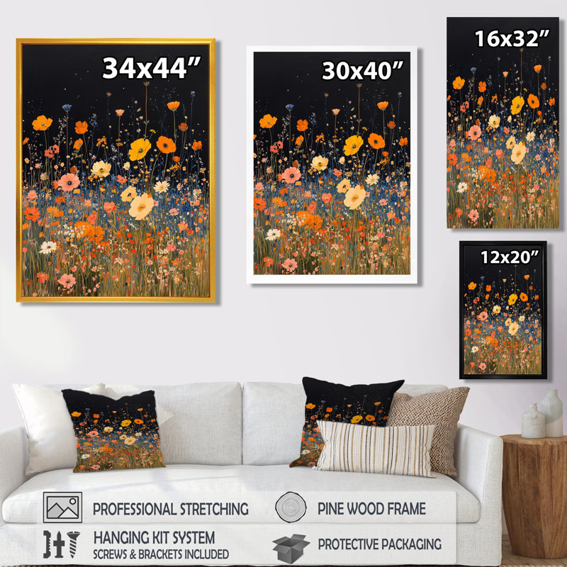Fleurs jaunes jaunes, Mid Night Meadow III - Art mural fleurs sauvages, H 32 po x l 24 po, Impression encadrée flottante