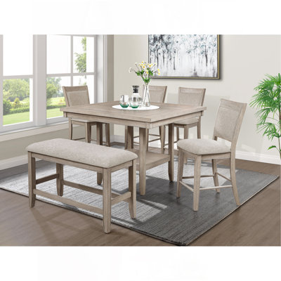 Dining Set Contemporary Farmhouse Style Counter Height W 20-Inch Lazy Susan Tow-Tone Finish Upholstered Bench Wooden Wood Veneers Solid Wood Dining Ro