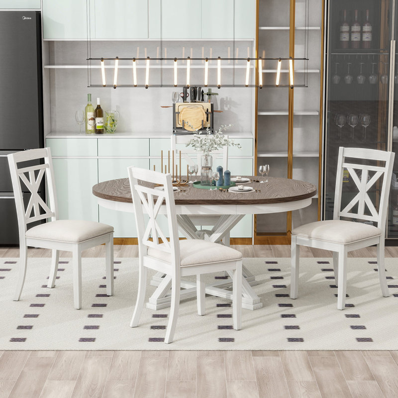 5 - Piece Extendable Dining Set, Round-To-Oval Expansion, Wood, X-Base Pedestal, Modern Farmhouse, Dining Room