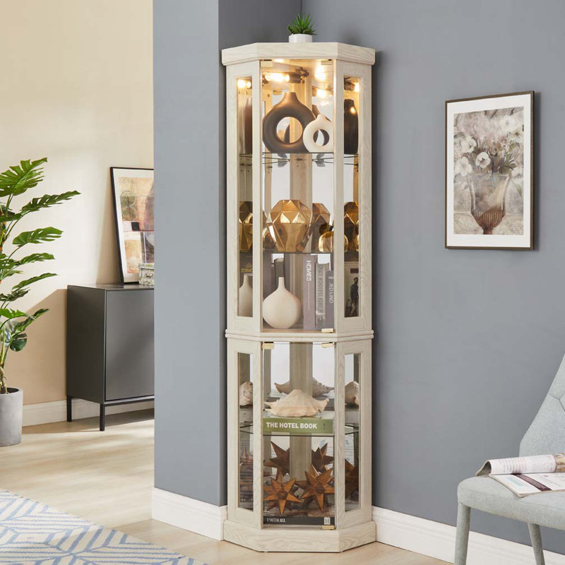 Corner Display Cabinet with Tempered Glass Doors & Shelves,Built-in Lighting, Antique White