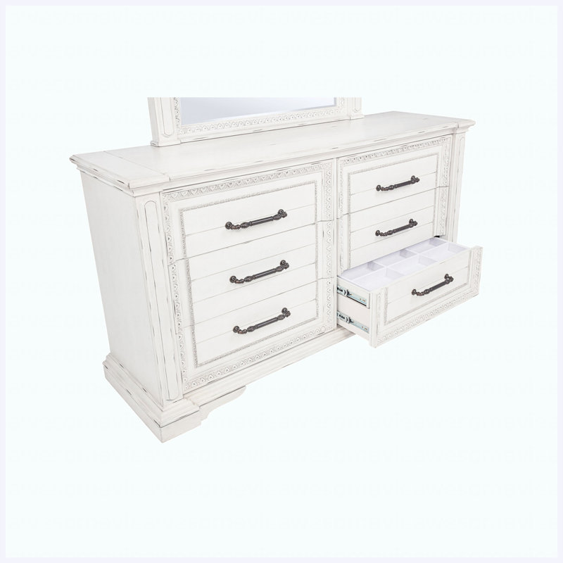 Ensemble de chambre à coucher avec lit très grand 5 pièces Vintage White, 5 Pcs: Bed, Nightstand, 2 Dressers, Mirror, King
