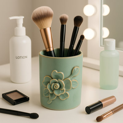 Decorative Rose Ceramic Office Desk Accessory - Stylish Destop Organizer And Small Essentials In  Kitchen, Bedroom, Or Bathroom - 4"