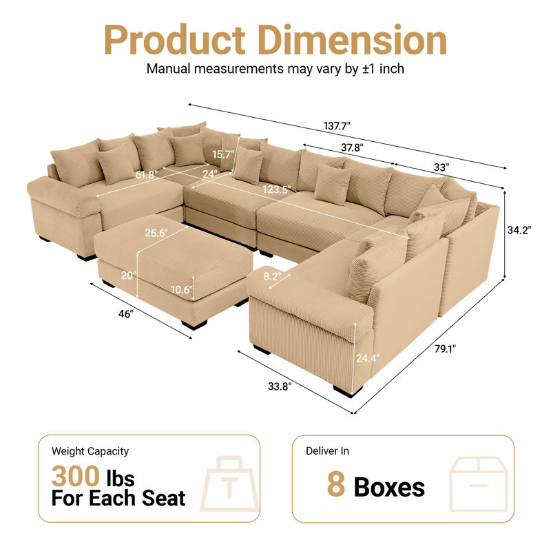 137.7" Corduroy Sectional Corner Sofa 7 Piece Oversized Modular Deep Seat Cloud Couch With Upholstered Movable Ottoman