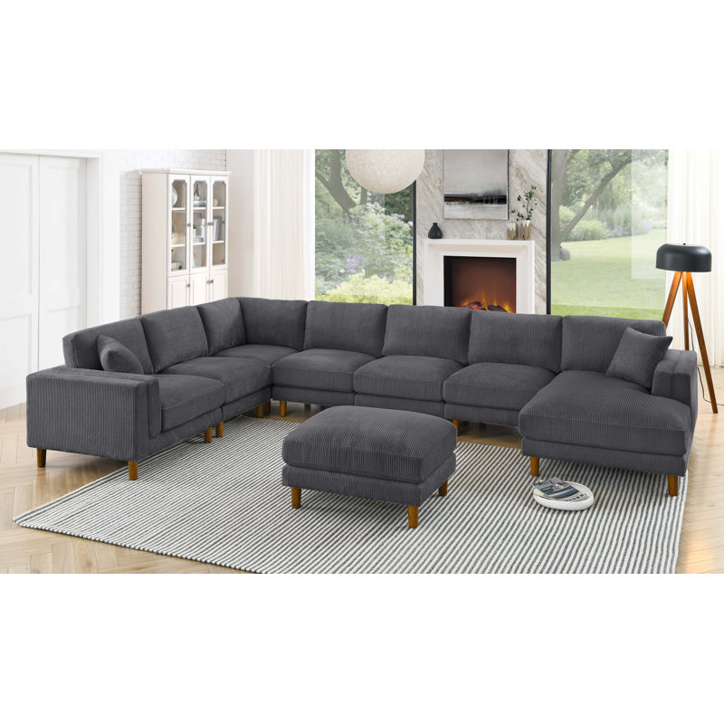 Canapé modulaire de large avec repose-pieds Kandace, Accoudoir à gauche (vu de face), Velours côtelé gris foncé