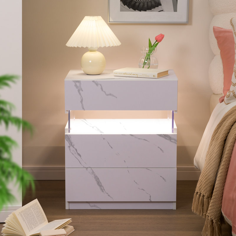 White and Gray LED 3-Drawer Nightstand Set