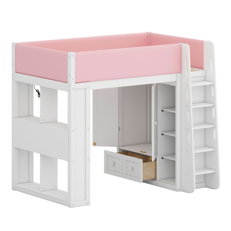Lit mezzanine avec armoire intégrée, tiroirs et éclairage d'ambiance pour un montage facile, Lit double, Blanc