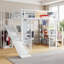 Lit mezzanine double multifonctionnel, cadre compact en métal à finition blanche compacte et panneau de fibres à densité moyenne