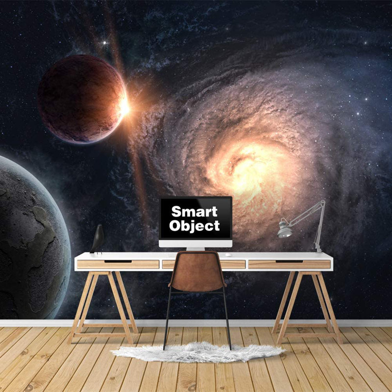 Planet In Outer Space Galaxy Border, 66" L x 96" W, Gray
