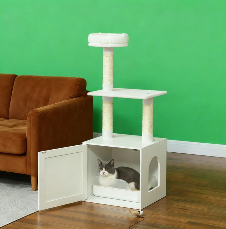 White Cat Tree with Litter Box Enclosure