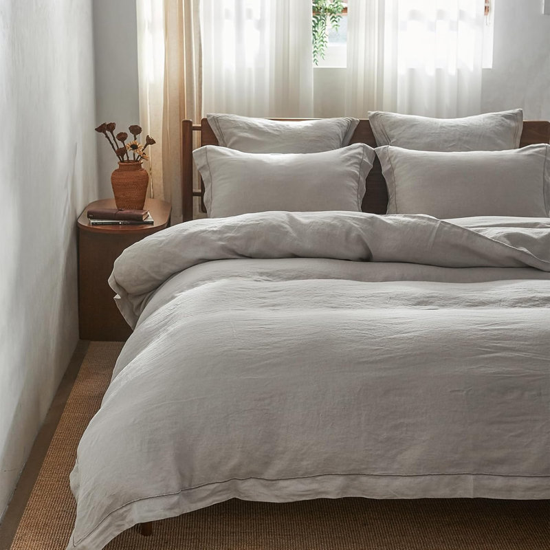 Ensemble de housse de couette 100% lin, Housse de couette double et 2 taies décoratives, Gris clair