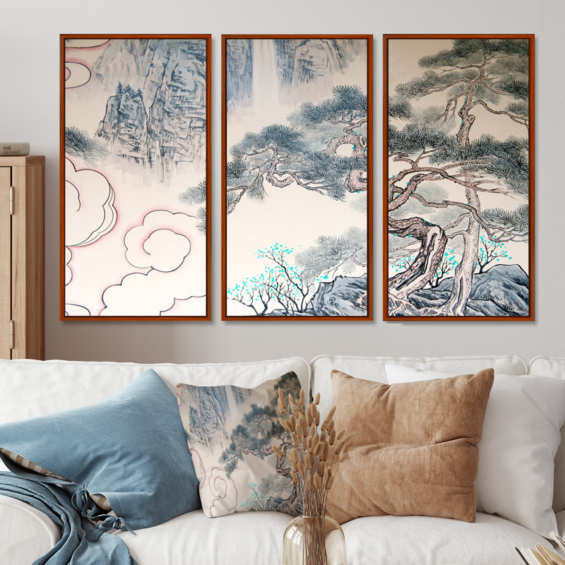 Arbre chinois chinois, art mural sur toile à motif floral, ensemble de 3, H 20 po x l 36 po, Or
