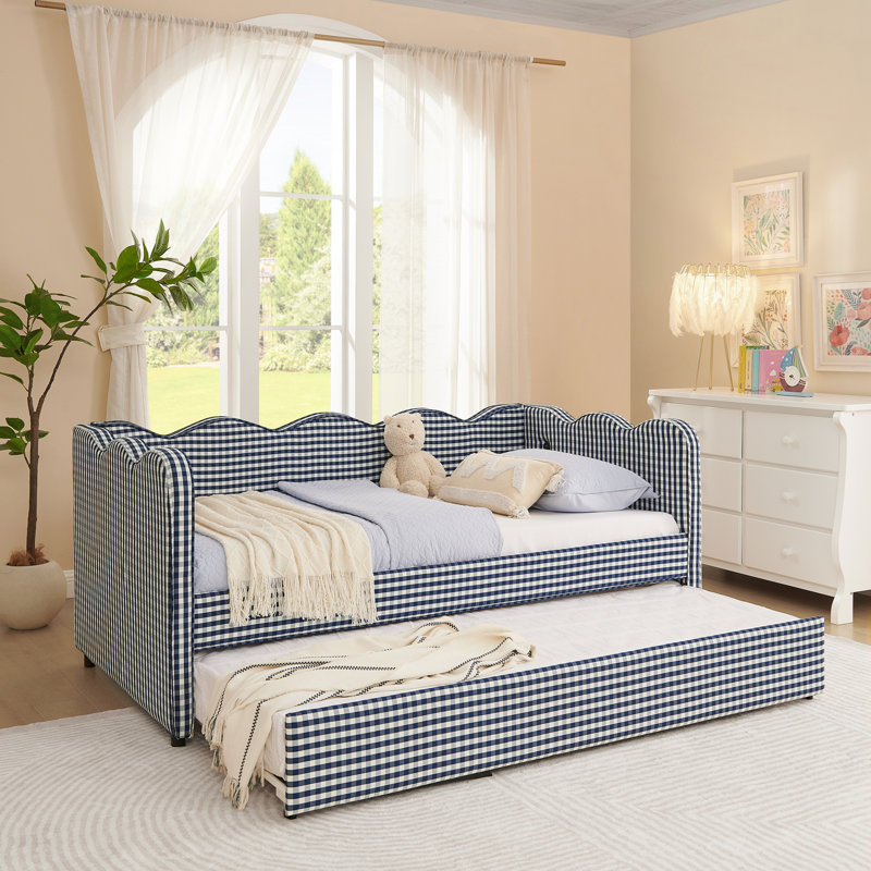 Twin Size Linen Fabric Cozy Gingham Daybed with Trundle, Sofa Bed and USB Port