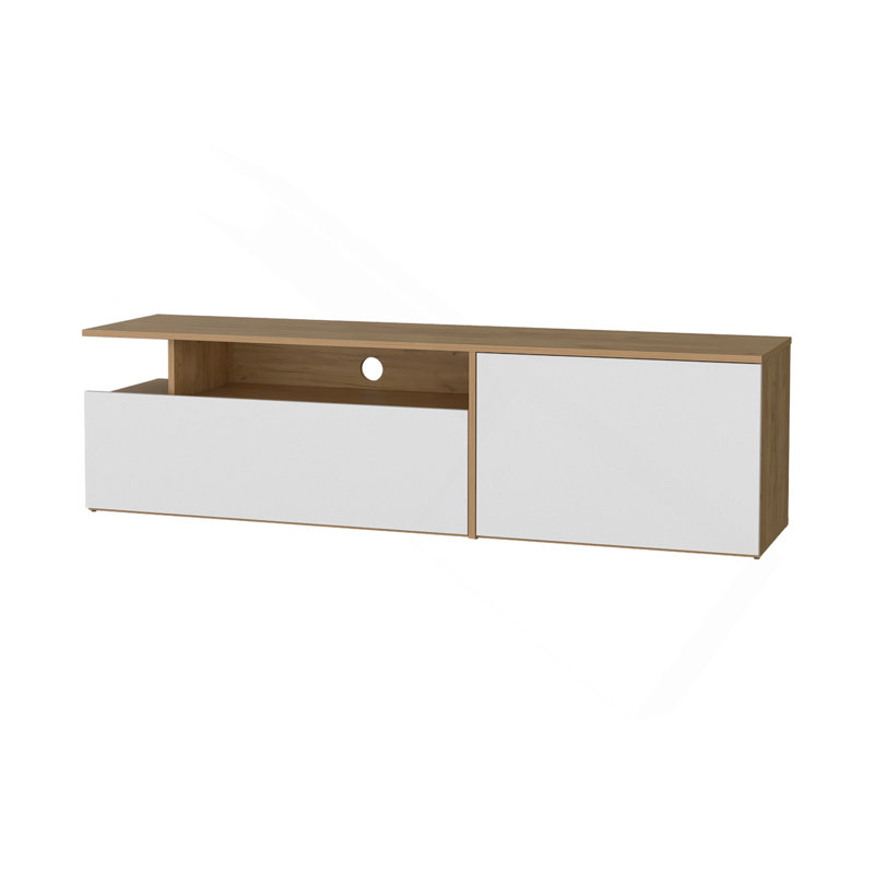 Meuble télé avec porte rabattable Dilkon. Porte à charnières. Tablettes ouvertes. Gestion des câbles. Chêne naturel et blanc