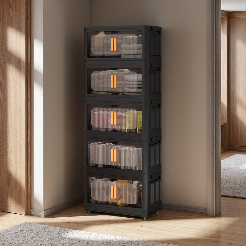 Armoire de rangement latérale pliante de 24 po de largeur, bacs de rangement pliables avec porte magnétique, armoire de rangement en plastique avec roues