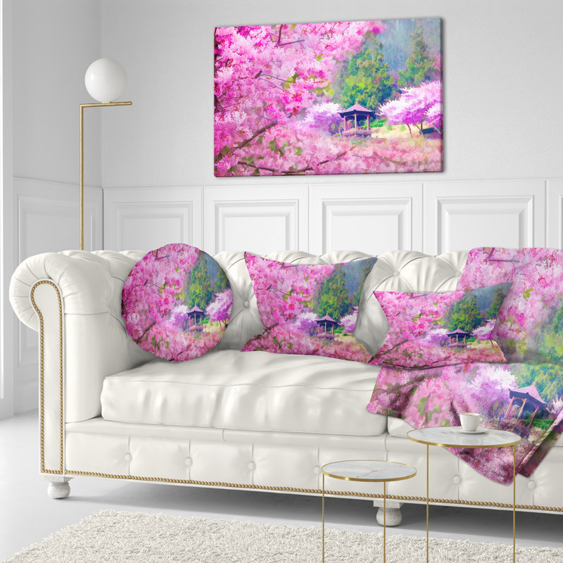 Fleurs de cerisier japonais - Coussin décoratif à imprimé floral, Rectangulaire, 12 po x 20 po