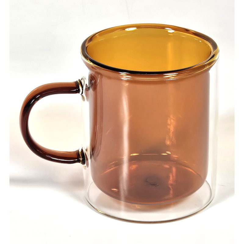  Tasse à double paroi 11 oz avec intérieur en verre coloré et poignée en verre coloré assorti - ambre, Ambre