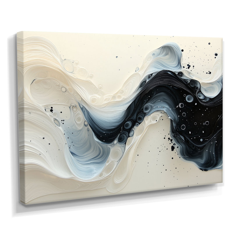 Chesham noir et blanc, Sprial, encre rythmique, rivière I - goutte, art mural, H 30 po x l 40 po, Toile tendue