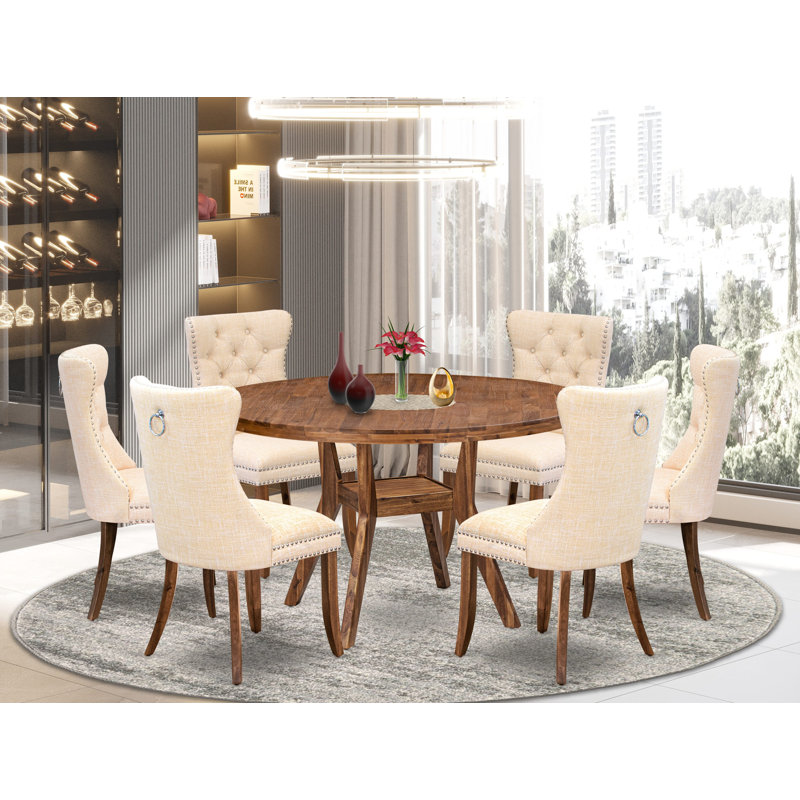 Ensemble de table de cuisine 7 pièces en polyester 6 chaises de cuisine beige clair, dossier capitonné et une table ronde de 54 po au fini noyer antique.