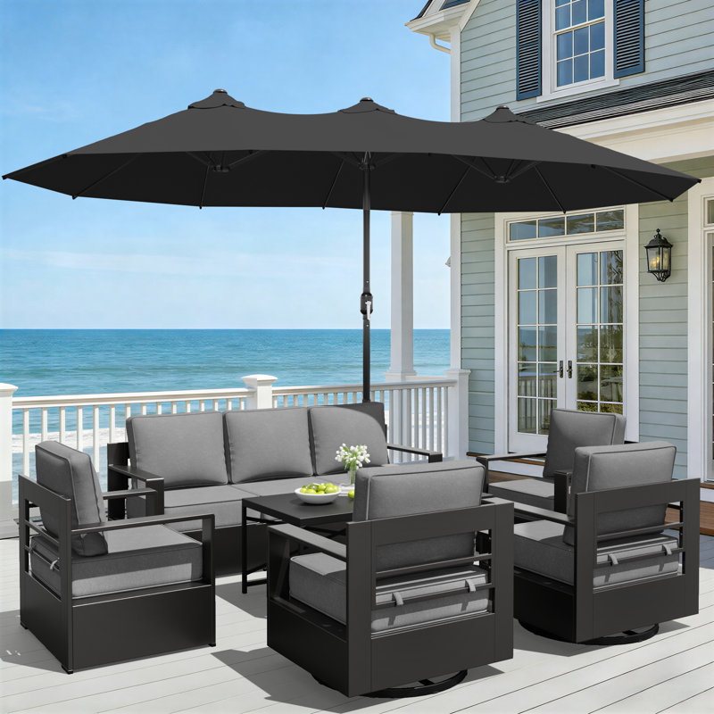 Ensemble de canapé d'extérieur en aluminium pour 7 personnes, 4 chaises et table basse avec parasol noir et coussins gris