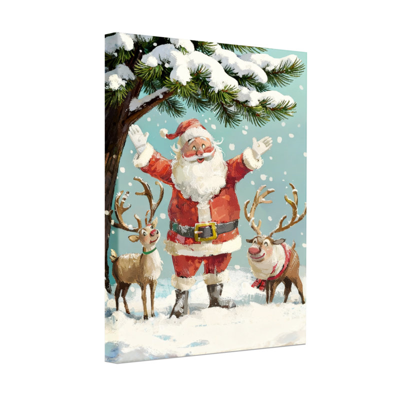 Noël père Noël avec renne dans la forêt enneigée, H 36 po x l 24 po