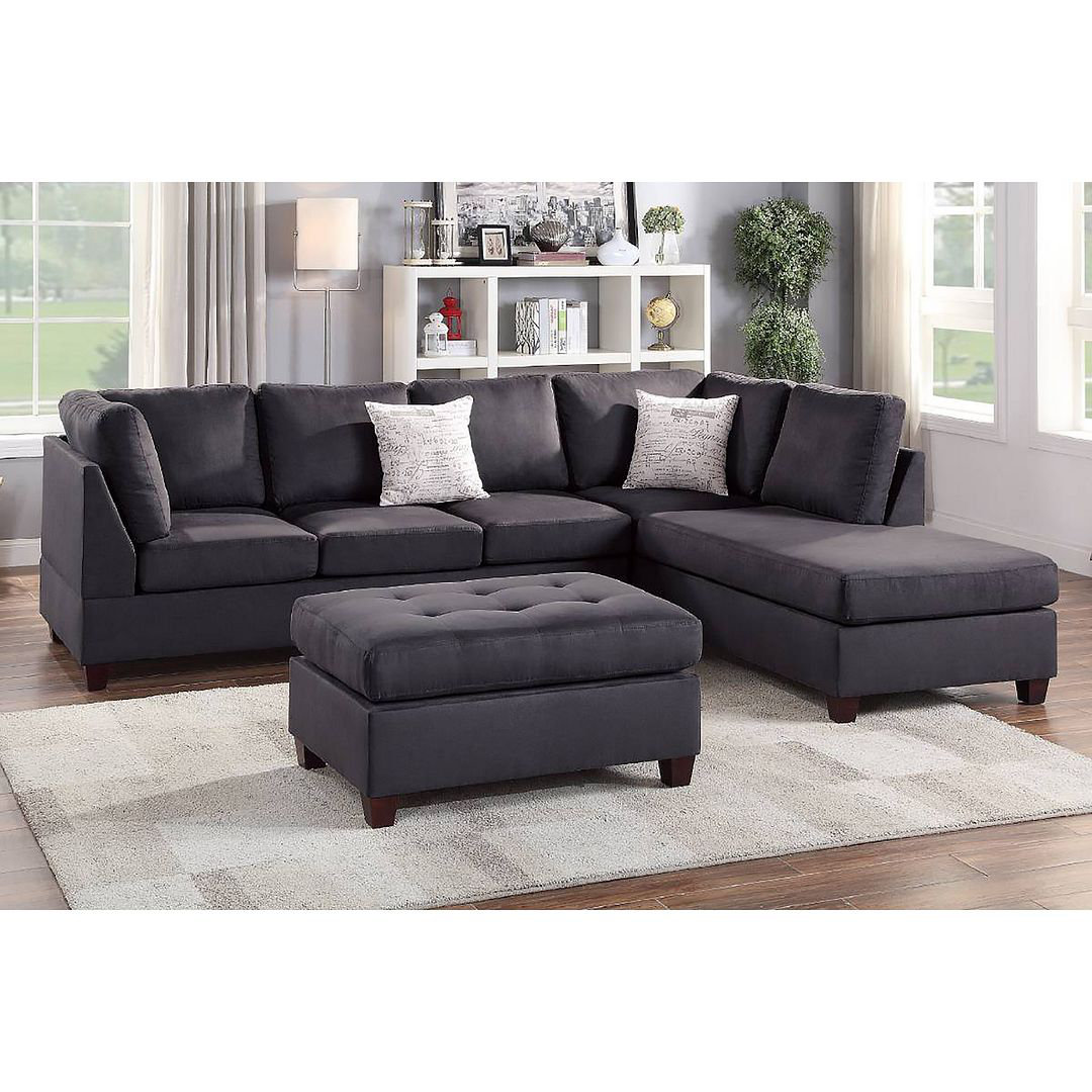 112 in W Flared Arm Fabric L Shaped Sofa Corner Couch Set in Black Wit