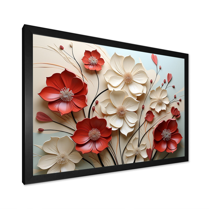 Rouge et blanc cramoisi fleur s Étreinte - art mural fleur, H 12 po x l 20 po, Cadre photo unique, Noir