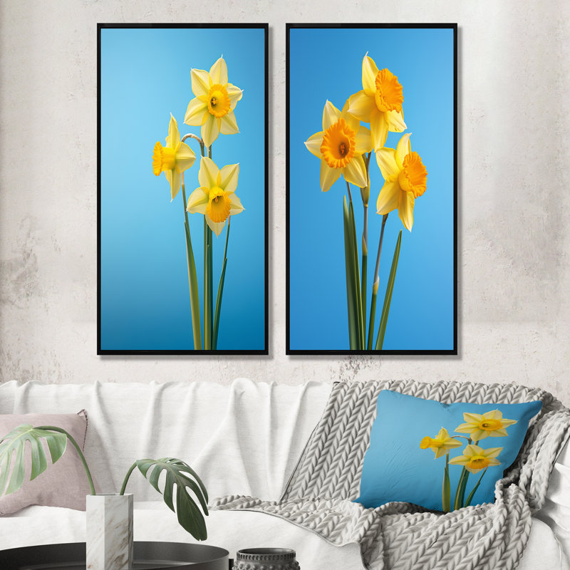 Jonquilles jaunes et vertes - ensemble de 2 jonquilles murales, Cadre noir, H 28 po x l 25 po