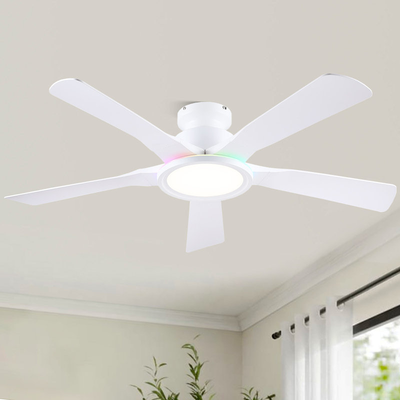 52" Low Profile Flush Mount Ceiling Fan With RGB Ring Light, White with White Blades