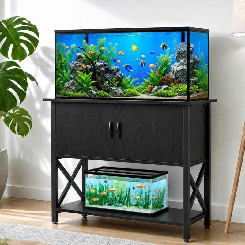 Support d'aquarium moderne 40-50 gallons avec armoire de rangement à deux portes, tablette pour petits réservoirs, pieds réglables, finition noire, conception inspirée du meuble télé