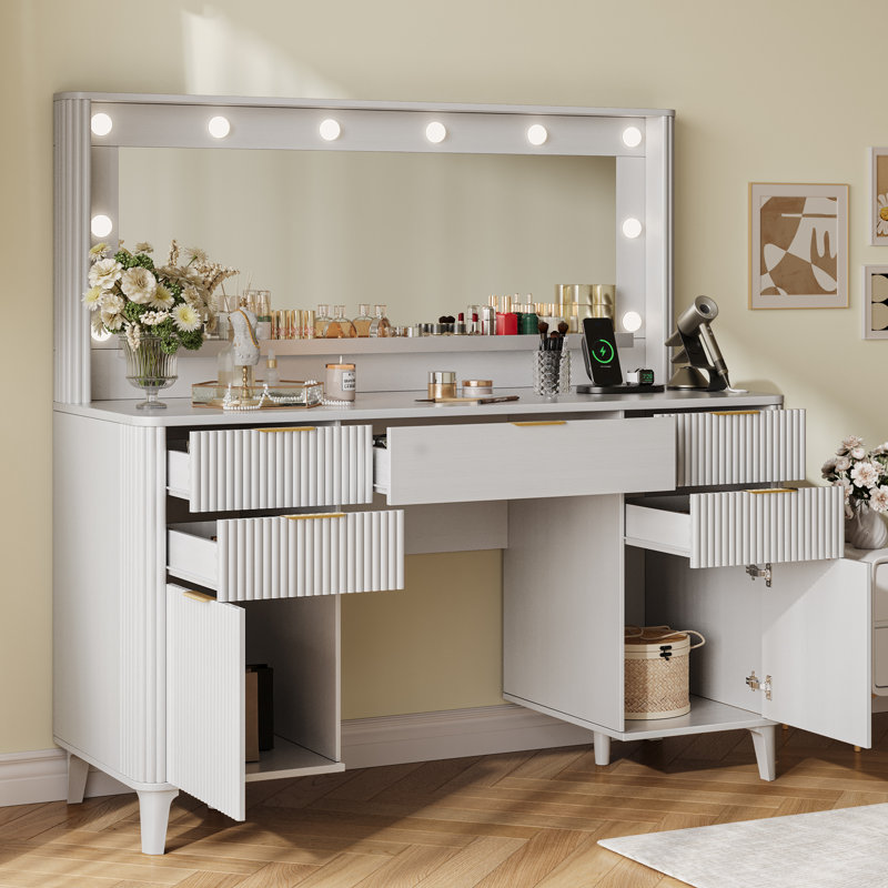 Meuble-lavabo cannelé avec grand miroir 39,3 po et lumières, Blanc / Blanc