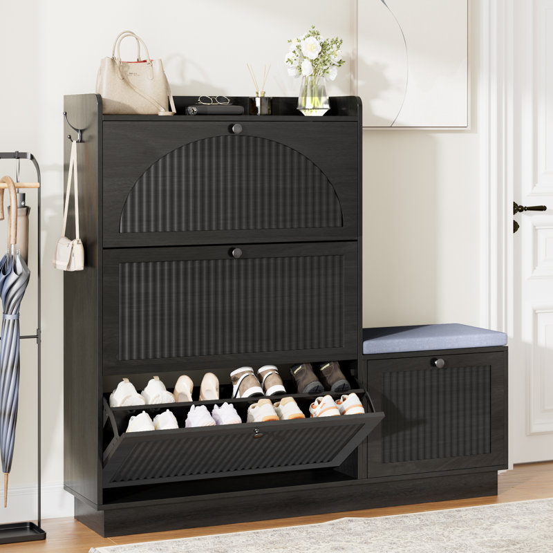 Armoire à chaussures à 3 niveaux avec banc à chaussures, tablettes amovibles, Noir