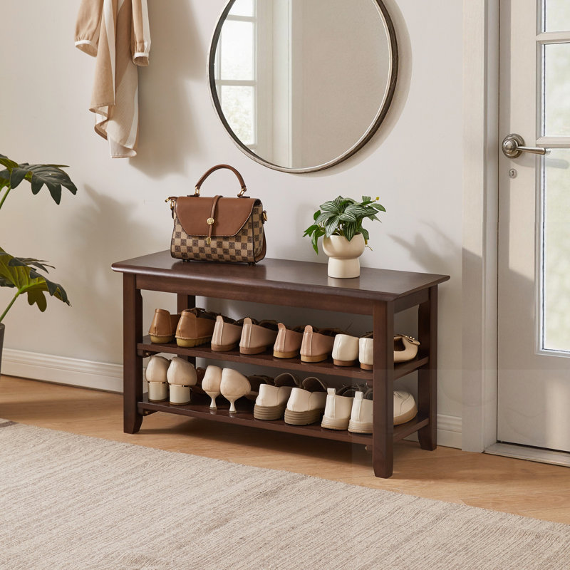 Banc à chaussures en bois à 2 niveaux avec tablettes de rangement