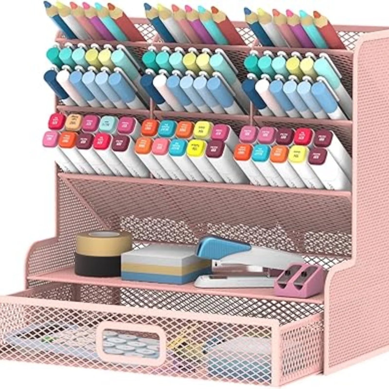 Porte-stylo en métal à 10 compartiments avec tiroir, organisateur de bureau, Pink