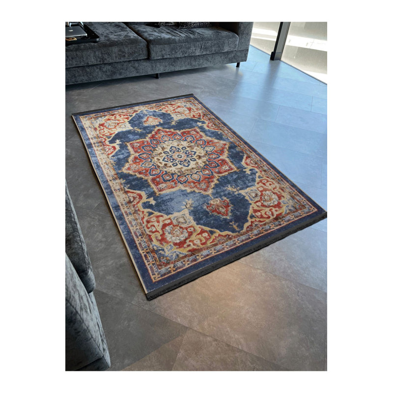 Tapis bleu lavable décoratif floral, Sous-tapis rectangulaire de 3 pi 3 po x 4 pi 11 po