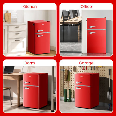 BANGSON Mini Fridge with Freezer, 3.2 CU.FT Small Refrigerator with Freezer, Door Handle, Bottle Opener, For Bedroom, Dorm, Office, Home, Garage or RV, R-600a, Red