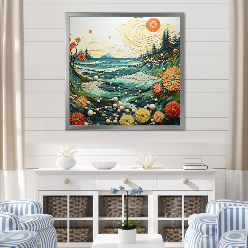 " Beach Tidepool Symphony Pointillism I ", 16" H x 16" W x 1" D, Silver Single Picture Framed