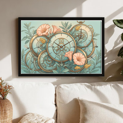Art mural sur toile noir encadré pour le salon, la chambre à coucher, le bureau ou le vestibule - Décoration murale décorative avec horloges florales