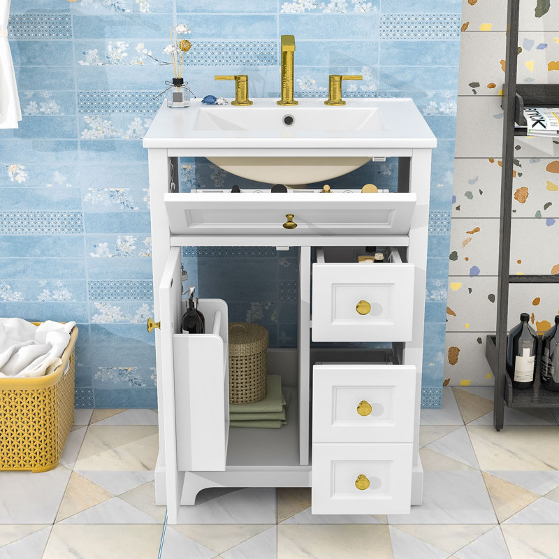 Meuble-lavabo de salle de bain avec lavabo en céramique, rangement de porte à 2 niveaux et 3 tiroirs à fermeture en douceur