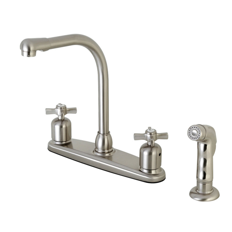 Robinet de cuisine central à 4 poignées à 4 trous 8 po avec douchette latérale Kingston Brass, Nickel brossé