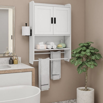 Armoire de rangement au-dessus de la toilette 21,65 "avec portes | Armoire murale de salle de bain avec tablette réglable, barre à serviettes et porte-papier | Armoire à pharmacie Vintage
