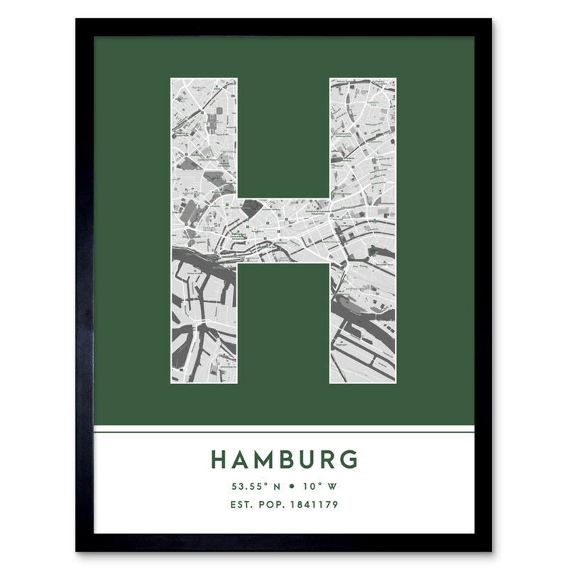 Hamburg City Map Hamburg Green by Wee Blue Coo - Single Picture Frame Typography