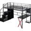 Lit mezzanine double en métal noir avec poste de jeu et de travail intégré, escalier de rangement pour garde-robe pour un divertissement confortable