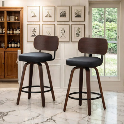Ensemble de 2 tabourets de bar pivotants, comptoir en similicuir avec structure en bois de noyer courbé, repose-pieds